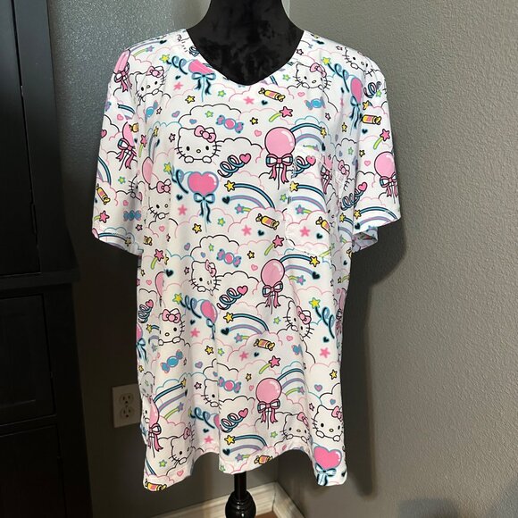 Hello Kitty Scrub Top 2XL Balloons Rainbows Hearts Candy Print Pink White Kawaii - Picture 1 of 8